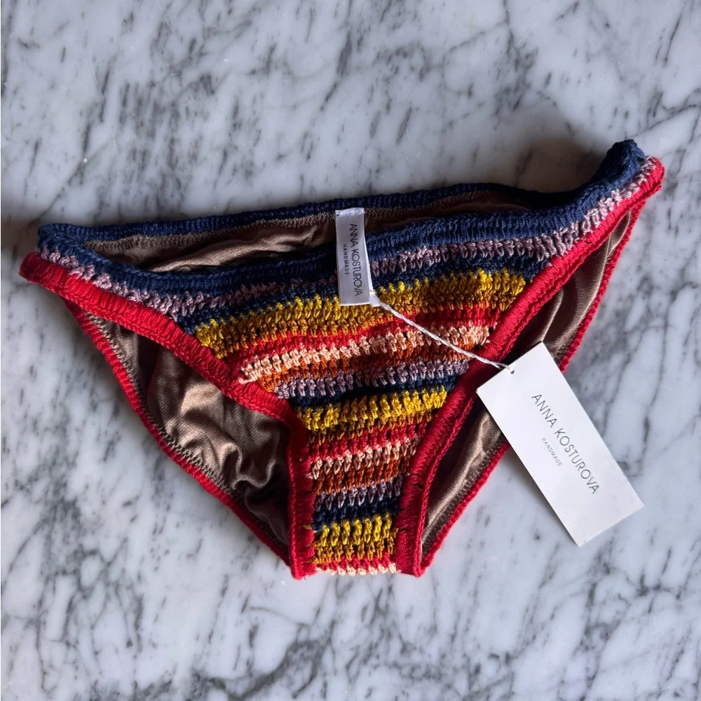 Anna Kosturova Marsala Striped Multicolor Crochet Triangle Bikini - Navy Trim